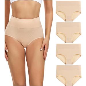 wirarpa Women's Cotton Underwear High Waisted Ladies Panties Full Coverage Briefs 4 Pack (Regular & Plus Size) (Medium, Beige - Set 17)