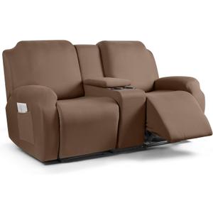 TAOCOCO Reclining Loveseat with Middle Console Slipcover, 4 Piece Polyester Fabric Stretch Loveseat Recliner Sofa Covers, Soft Washable Furniture Protector (Light Coffee, 2 Seater with Console Cover)