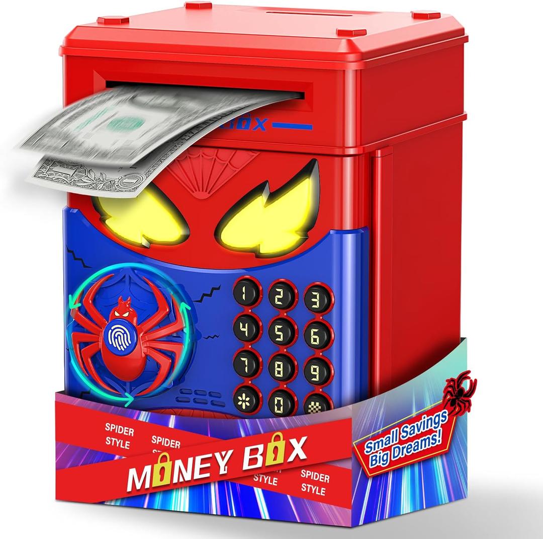 Wrystte Spider Piggy Bank for Kids,Electronic Money Box with Fingerprint,ATM Safe Coin&Cash Saving Box,Kids Toys for Age 4 5 6 7 8,Christmas Birthday Gifts for 9 10 11 12 Year Old Boys Girls(Blue)
