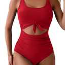 Eomenie Women's One Piece Swimsuit Tummy Control Slimming Bathing Suit Cutout Tie Knot Swimwear Red L