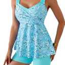 B2prity Tankini Swimsuits for Women Tummy Control Two Piece Modest Bathing Suits Floral Skirt Top with Boyshorts (Teal) M