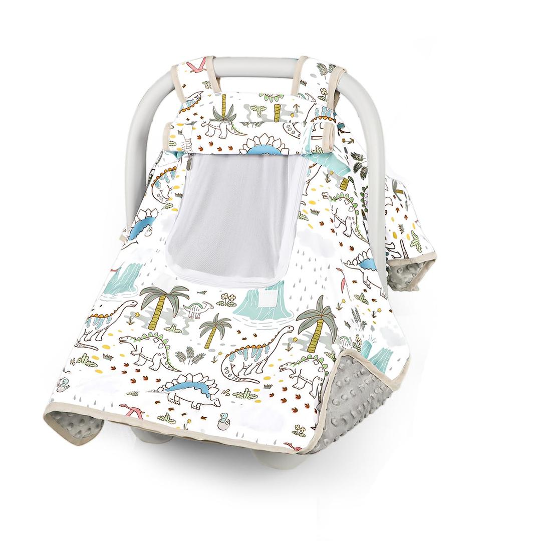 SWESEN Car Seat Cover Baby, Winter Carseat Covers Baby Boy, Infant Car Seat Canopy with Breathable Mesh Peep Window, Baby Stroller Cover for All Season, Dinosaurs