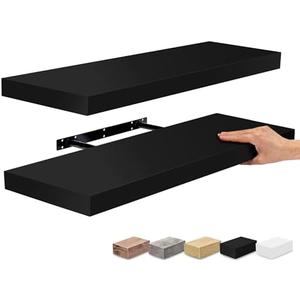Floating Shelves for Wall, Wood Wall Storage (2 Pack, Black) | Clean invisible-bracket mounting for books, collectibles, bathroom decor, living rooms and home displays.