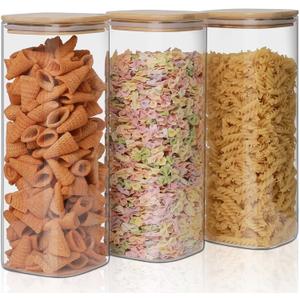 Glass Food Storage Jars 76 oz Set of 3,Glass Storage Containers Clear Glass Food Canister with Bamboo Lid Airtight For Serving Tea, Coffee, Flour, Sugar, Candy, Cookie, Spice and More (Square)