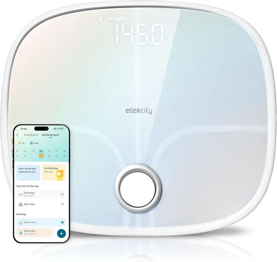 Etekcity Smart Rechargeable Scale for Body Weight, BMI, Fat, Muscle Mass, FSA&HSA Eligible, Digital Bathroom Scale with 13 Metrics, Secret Mode, Bluetooth Connect to Free Apps, Rainbow White (13.4 x 11.5 x 1.1 inches)