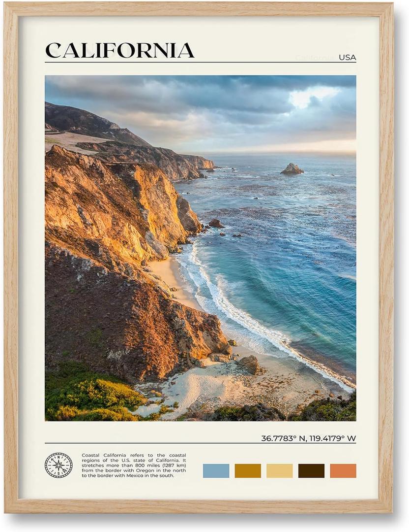 HesenDot Natural OAK Wood Coastal California Refers Framed Wall Art,12x16in Natural Seascape Canvas Wall Print,Classic Urban Landmark Wall Decor for Living Room,Bedroom,Office Gallery Gifts Set of 1