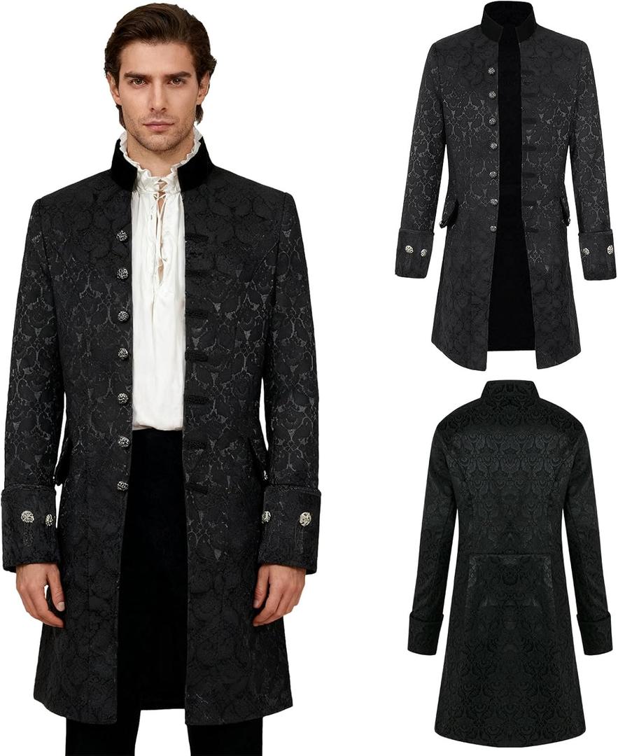 Mens Medieval Vintage Steampunk Jacket, Renaissance Gothic Steampunk Costume Tailcoat Men Pirate Coat for Cosplay  (X-Large, Black)
