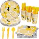 BLUE PANDA 144 Piece Bumble Bee Party Supplies - Serves 24 Party Plates, Napkins, Cups, and Cutlery for What Will It Bee Gender Reveal Decorations