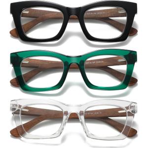 Hubeye Square Reading Glasses for Women Men Blue Light Blocking Computer Fashion Style Readers with Spring Hinge (Black+green+transparent)