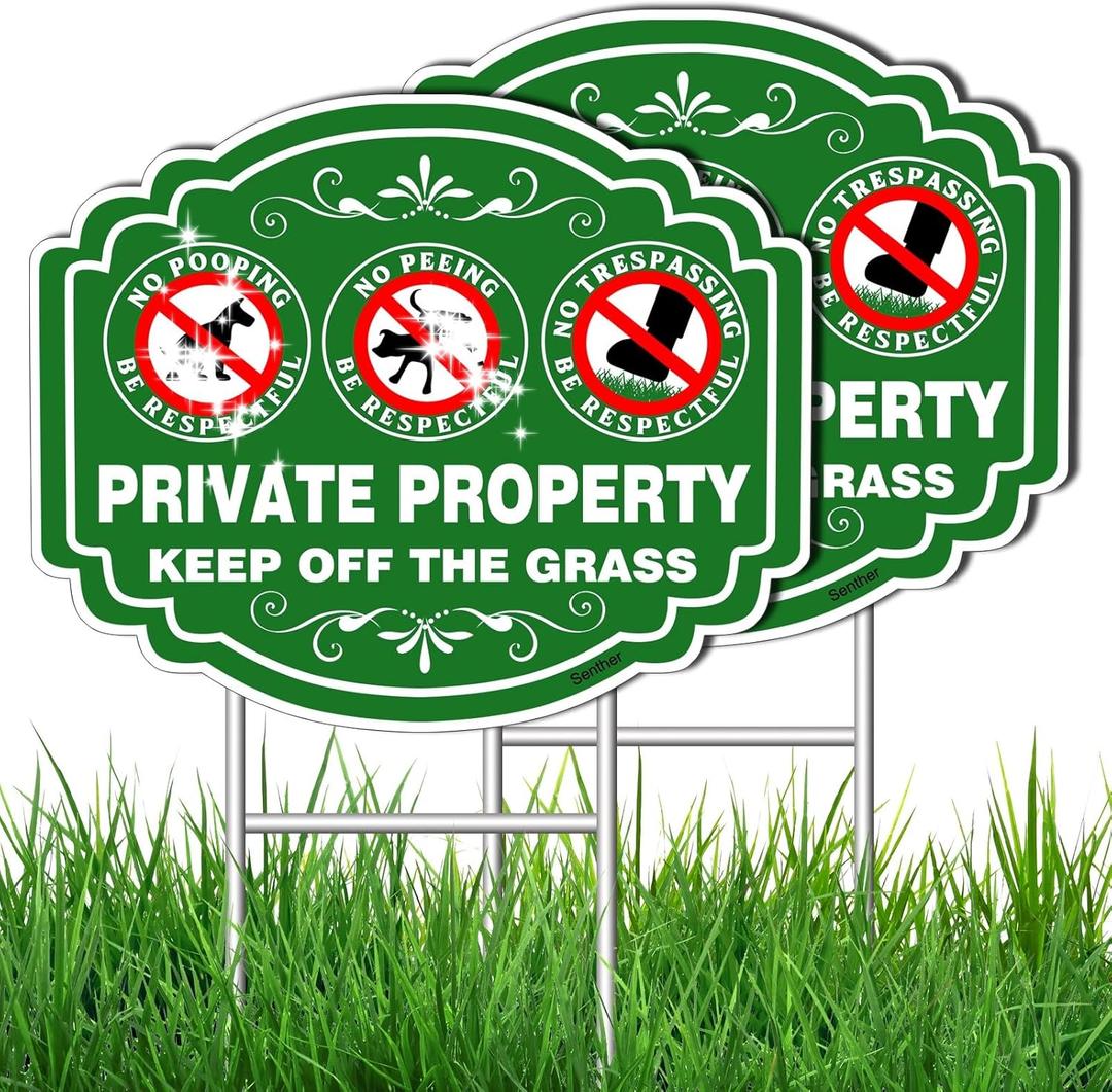 2 PC No Dog Poop Sign - 1411 Double Sided Yard Signs with Metal H-Stake | No Pooping Dog Signs For Lawn | Be Respectful Keep Off The Grass Yard Signs UV Protected & Outdoor Use