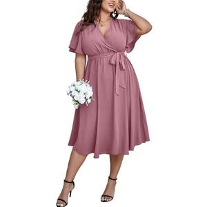 SCOMCHIC Womens Plus Size Wedding Guest Cocktail Midi Dress Summer Short Sleeve Wrap V Neck Belted A-Line Flowy Dress, 4XL