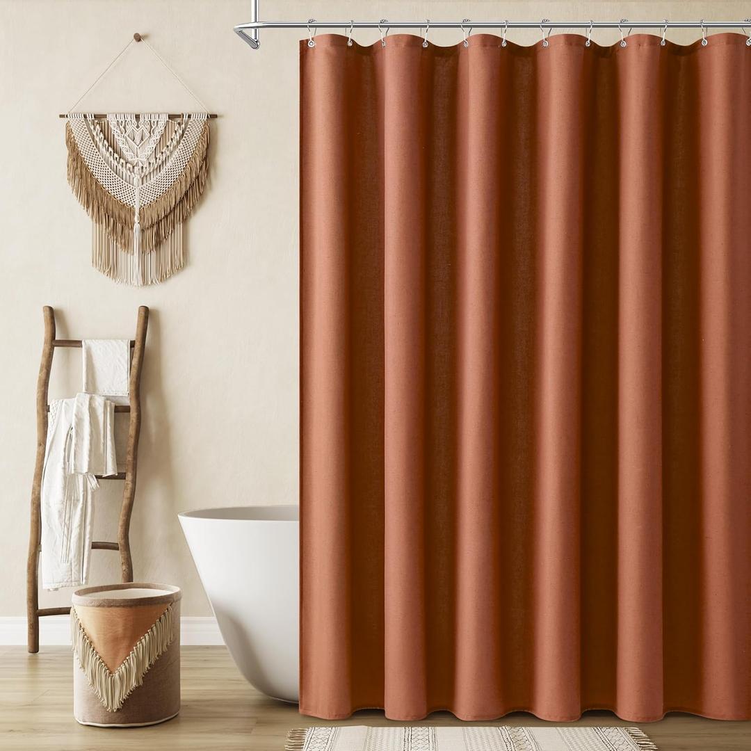 Terracotta Boho Linen Shower Curtain, Country Farmhouse Bath Decor Shower Curtains Neutral Cloth Weighted Textured Fabric Bath Curtain Liner with Hooks, 72x72