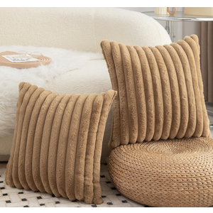 Pack of 2 Decorative Throw Pillow Covers Faux Fur Striped Plush Soft Cushion Covers Pillow Cases Bedroom Living Room Sofa Home 18x18 Inch Camel