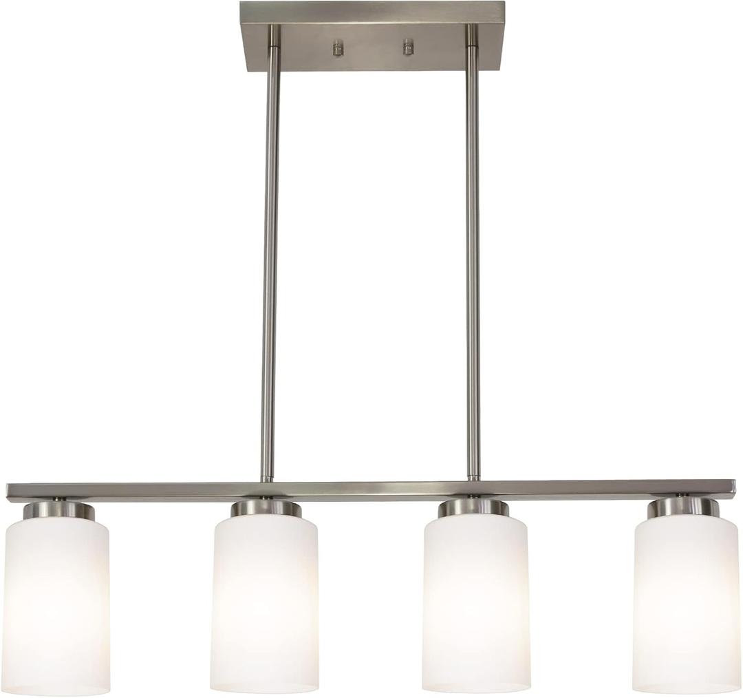 Brushed Nickel Kitchen Island Light, Farmhouse Pendant Light Fixtures with Opal White Glass Shades Modern Linear Ceiling Hanging Light for Living Room (4-Lights)