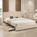 VECELO Queen Size Platform Bed Frame with 4 Storage Drawers,Fabric Upholstered Headboard and Wooden Slats Support,Built-in USB and Type C Ports, No Box Spring Needed,Easy Assembly