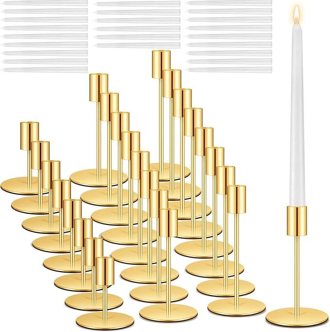 24 Set Candle Holders Bulk with 10'' Dripless Taper Candles 3.3'' 5.5'' 6.3'' Metal Candlestick Holders Vintage Modern Decorative Table Centerpiece for Wedding Birthday Home Decor (Gold)