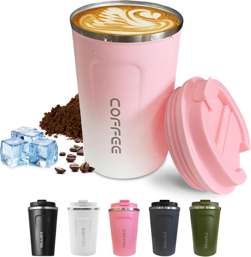 Travel Coffee Mug Leak-Proof, Reusable Coffee Cups with Lids, Stainless Steel Vacuum Insulated Coffee Tumblers, Thermal Insulation Cup for Men and Women Hot & Cold Drinks(2nd-Pink White, 17OZ)