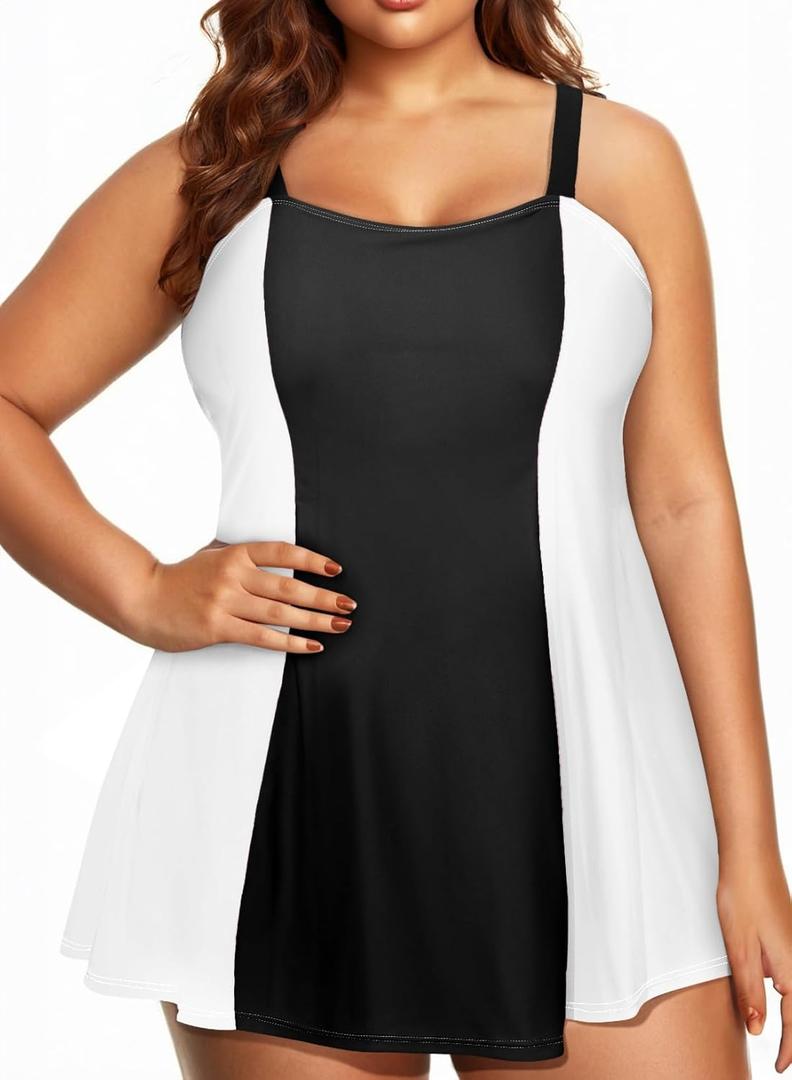 Aleumdr Women's Plus Size One Piece Swimsuit Tummy Control One Piece Bathing Suit with Skirt Vintage Swimdress with Pockets (Large, Color Black-Black White)