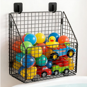 Greentainer Bath Toy Storage Organizer, Large Foldable Bathtub Toy Holder with Drainage, No Drill Adhesive Wall Mounted Rustproof Metal Wire Basket for Bathroom Tub & Shower Toys