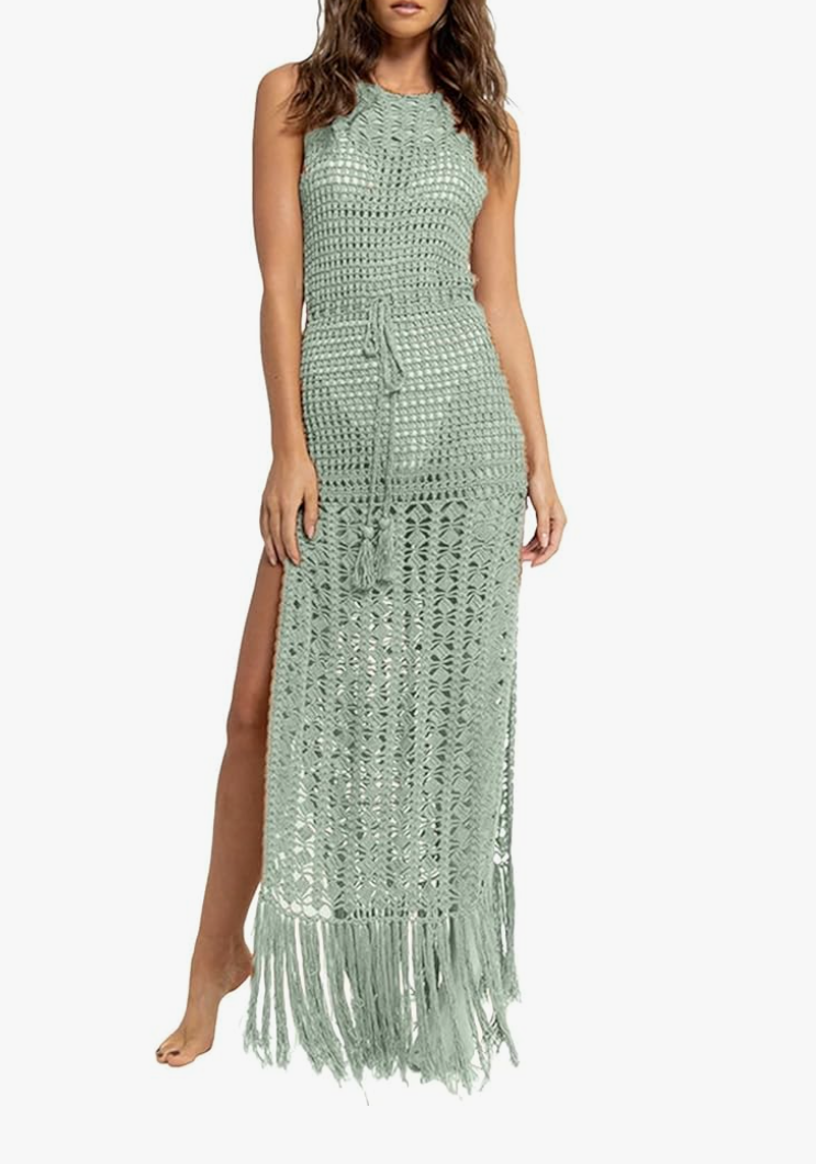 Women Crochet Knit Dress Hollow Out 2024 Boho Summer Bathing Suits Coverups Sexy V Neck Short Sleeve Dress, Medium, Green