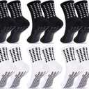 Duufin 6 Pairs Kids Grip Soccer Socks Black White Cushioned Non Slip Grippy Sports Athletic Grip Socks for Kids Boys Girls 8-10 Years Old