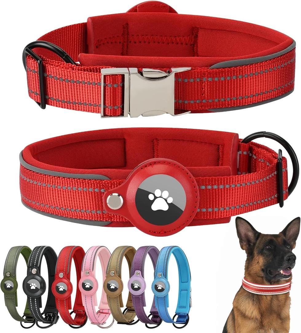 Reflective Airtag Dog Collar with Airtag Holder Quick Release Metal Buckle Padded Nylon Waterproof Adjustable Comfortable for Girl Large Dogs (LWidth 1.18" Length 16.1-18.9", Red)