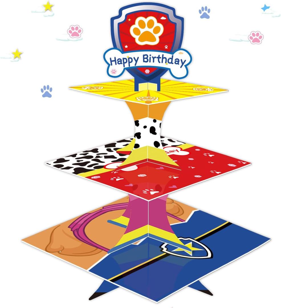 Cartoon Dog Cupcake Stand 3 Tier Cardboard Cake Stand Dessert Tower Holder for Girls Boys Paw Theme Birthday Party Supplies Baby Shower Decorations