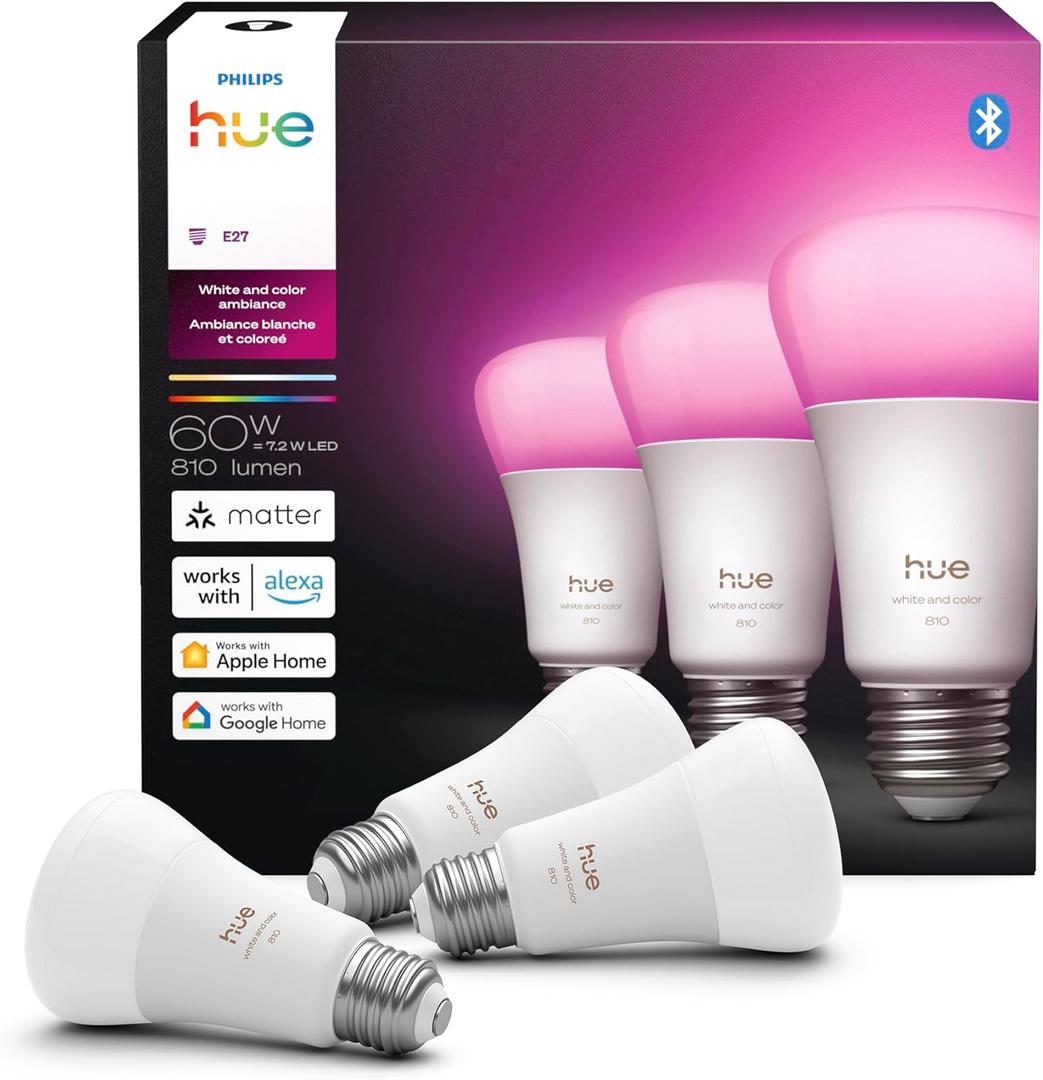 Philips Hue Smart LED A19 Bulb, White & Color Ambiance, E26 Base, 7.2W, Full Spectrum Light 1000K-20000K, 810 Lumens, Dimmable, Works with Alexa, Google,& Apple Home, 3 packs