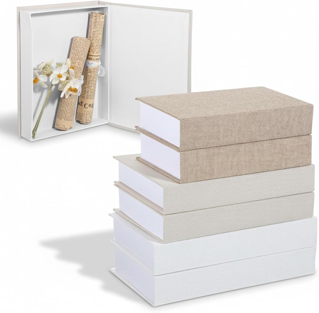 6 Pcs Faux Decorative Books Set for Home Decor Modern Linen Faux Books Fake Book Storage Box Book Shaped Boxes for Bookshelf Mantel, 10.6", 8.6", 9.8" H(White, Khaki, Beige)