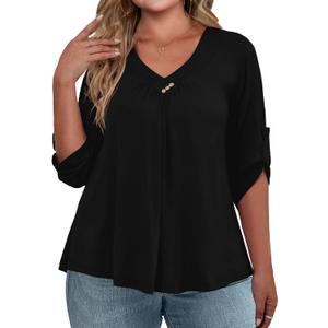 FOLUNSI Womens Plus Size 3/4 Roll Sleeve Blouses V Neck Casual Tunic Tops (Black, L)