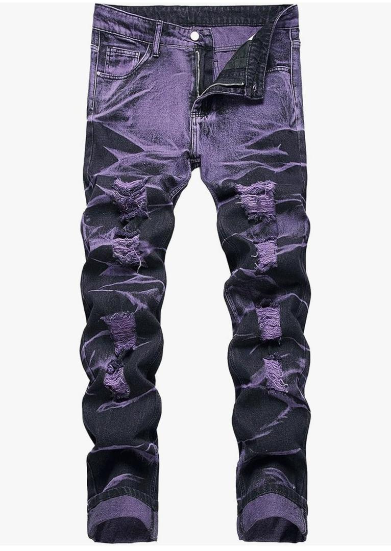 Men's Regular Fit Distressed Jeans Slim Fit Ripped Denim Pants Slim Straight Leg Stacked Jeggings 30