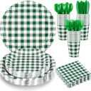 NatNarr 175 Pcs Gingham Party Supplies Include Green Gingham Plates and Napkins Cups Plastic Cutlery Disposable Green Checkered Plates Set for St Patricks Day, Picnic, Baby Shower, Golf Party