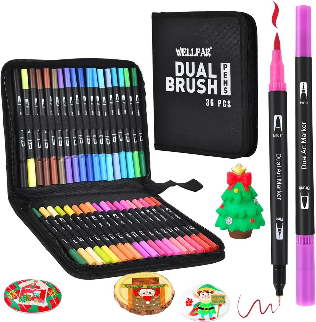 Coloring Markers for Adults/Teens/Kids, Dual Tip (Brush/Fine Point) Art Marker No Bleed/Non Bleeding, Gel Acrylic Paint Pen Set for Coloring Books,Sketching,Drawing,Rock Painting,Journaling. 36 Colors