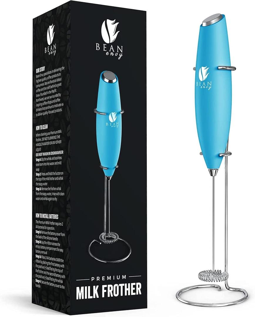 Bean Envy Milk Frother Handheld for Coffee - Electric Hand Blender, Mini Drink Mixer Whisk & Coffee Foamer Wand with Stand for Lattes, Cappuccino, Matcha and Hot Chocolate - Kitchen Gifts - Light Blue (Robins Egg Blue)