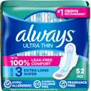 Always Ultra Thin Feminine Pads with Wings for Women, Size 3, Extra Long Super Absorbency, Unscented, Up to 100% Leak-Free Protection, 52 Count