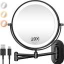 Wall Mounted Makeup Mirror with Light, 20X/1X 8'' Double Sided LED Magnifying Bathroom Lighted Vanity Mirror with Magnification, 3 Color Light up Touch Dimmable Extended Arm 360 Rotation (Black)