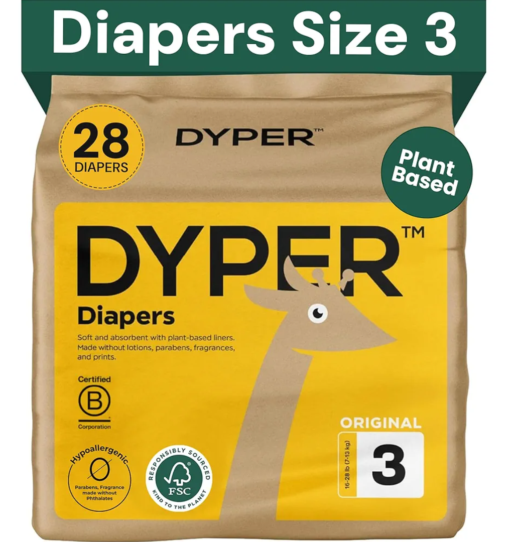 DYPER - Baby Diapers Size 3 Premium Leak Protection Plant Based, Hypoallergenic Diaper for Day and Overnight Skin-Friendly Comfort | Soft Size 3 Diapers (16-28 lbs), 28 Count