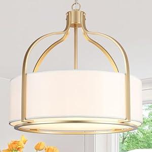20.5'' Gold Drum Chandelier Light Fixture, 5-Light Large Modern Farmhouse Chandeliers for Dining Room Gold Drum Hanging Pendant Light with White Fabric Shade for Kitchen Living Room Foyer Bedroom