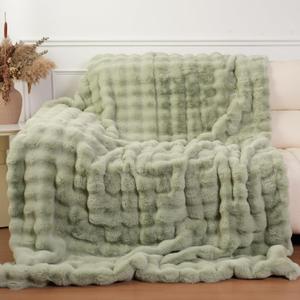 Super Comfort Oversized Warm Thick Bubble Luxury Plush Rabbit Faux Fur Throw Blanket, Fluffy Blanket,Soft Cozy Blanket for Couch Chair Bed Sofa Living Room (Sage Green, 50inX60in)