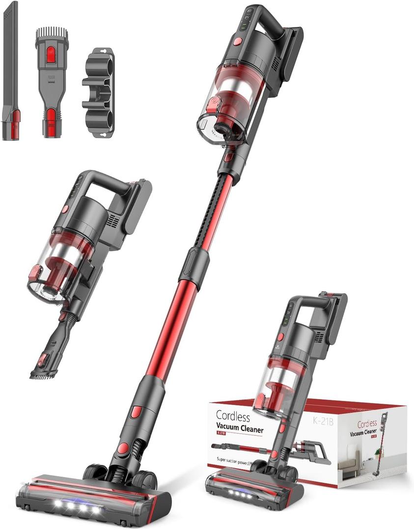 Cordless Vacuum Cleaner, 85,000PRM Upgraded Dual Suction Cordless Stick Vacuum up to 35mins Runtime, Lightweight Rechargeable Vacuum for Home (Bright Red)
