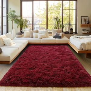 Burgundy Plush Rug for Living Room Fuzzy Carpet for Bedroom Dorm, Non-Slip High Pile Rug, Shag Rug for Playroom Nursery Home Office Decor 8X10 Ft