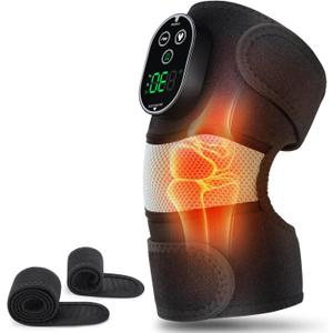 Cordless Heated Knee Massager with Vibration, Heated Knee Brace Wrap, Heating Knee Pad for Knee Elbow, Knee Heating Pad for Arthritis with 6 Heating Levels, 3 Massage Modes&Timer (Black+White)