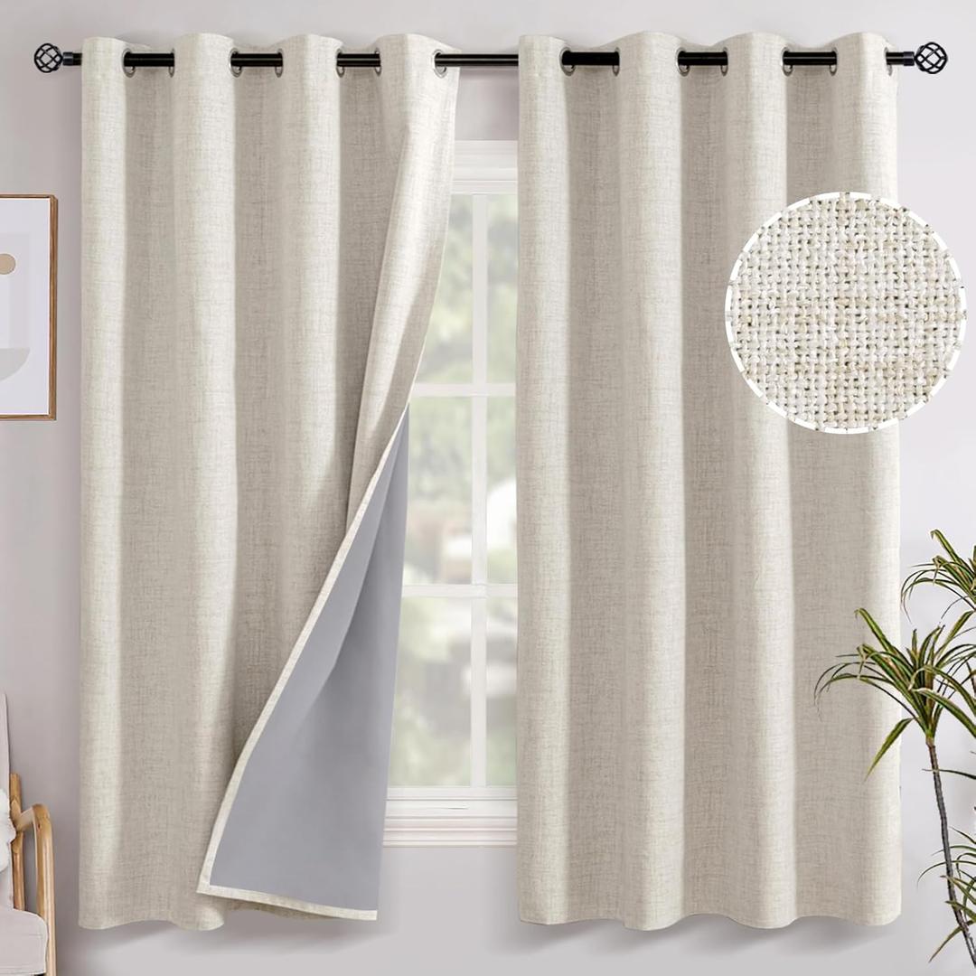 YoungsTex Linen Farmhouse Blackout Curtains 63 Inch Length, Thermal Insulated Black Out Drapes with Grommet Energy Saving for Bedroom Living Room Window, 2 Panels, 52 X 63 Inch