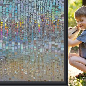 Windimiley Window Privacy Film 3D Rainbow Stained Glass Static Clings Bathroom Decorative Sticker Prism Holographic Decals Sun Blocking Non-Adhesive Door Covering, 11.8x78.7In, Brown
