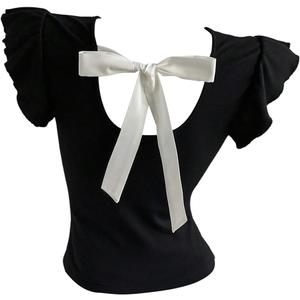 SweatyRocks Women's Ruffle Cap Sleeve T Shirts Bow Tie Back Crew Neck Slim Fitted Tops (Black, S)