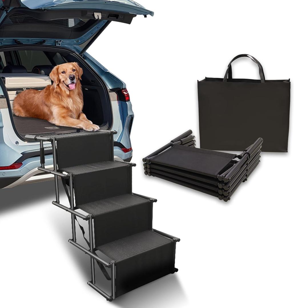 Dog Stairs for Large Dogs - Extra Wide Dog Steps for Car Big Size, SUV & Trucks - Glow in The Dark Marking - Foldable Dog ramp for Car - Non-Slip Surface - Dog ramps for Large Dogs - 4 Steps