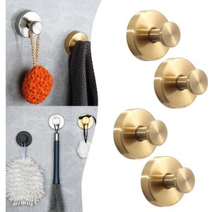 4-Pack Gold Suction Cup Hooks for Shower, Heavy Duty 15 LBS No Drill Towel Hooks, 304 Stainless Steel Bathroom Hooks for Glass, Tile, Mirror, Kitchen & Glass Door