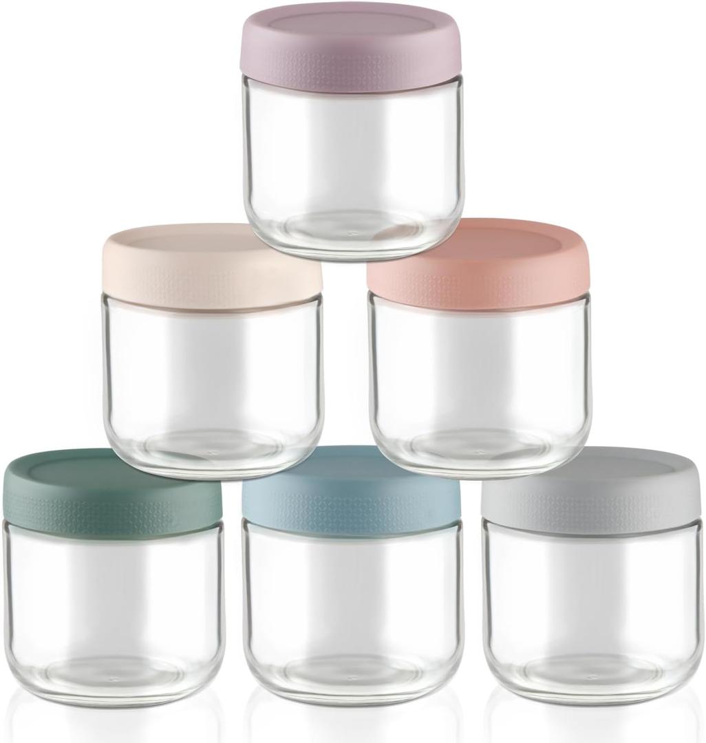 6 Pcs 300ml/10oz Glass Jars Wide Mouth Glass Food Storage Containers Overnight Oats Containers with Lids for Snacks Yogurt Powder Liquid - Multicolor