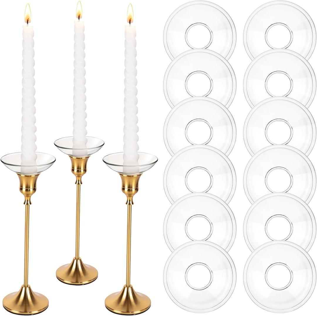 12Pcs Glass Bobeches for Candlestick HoldersCandle Drip Protectors Rings for Tapers, Clear Glass Rings Taper Candles Wax Catcher for Wedding Party Church Home, Accessories