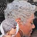 Grey Short Curly Pixie Cut Wigs Remy Human Hair for Black Women, Silver Grey Deep Wave 100% Human Hair Pixie Wig Wear and Go Glueless Layered Curly Wavy Pixie Cut Edgy Old Lady Cosplay Wig With Bangs